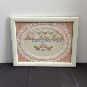 Vintage Cross Stitch Sampler Framed Faith Hope Love Lace Religious Needlepoint